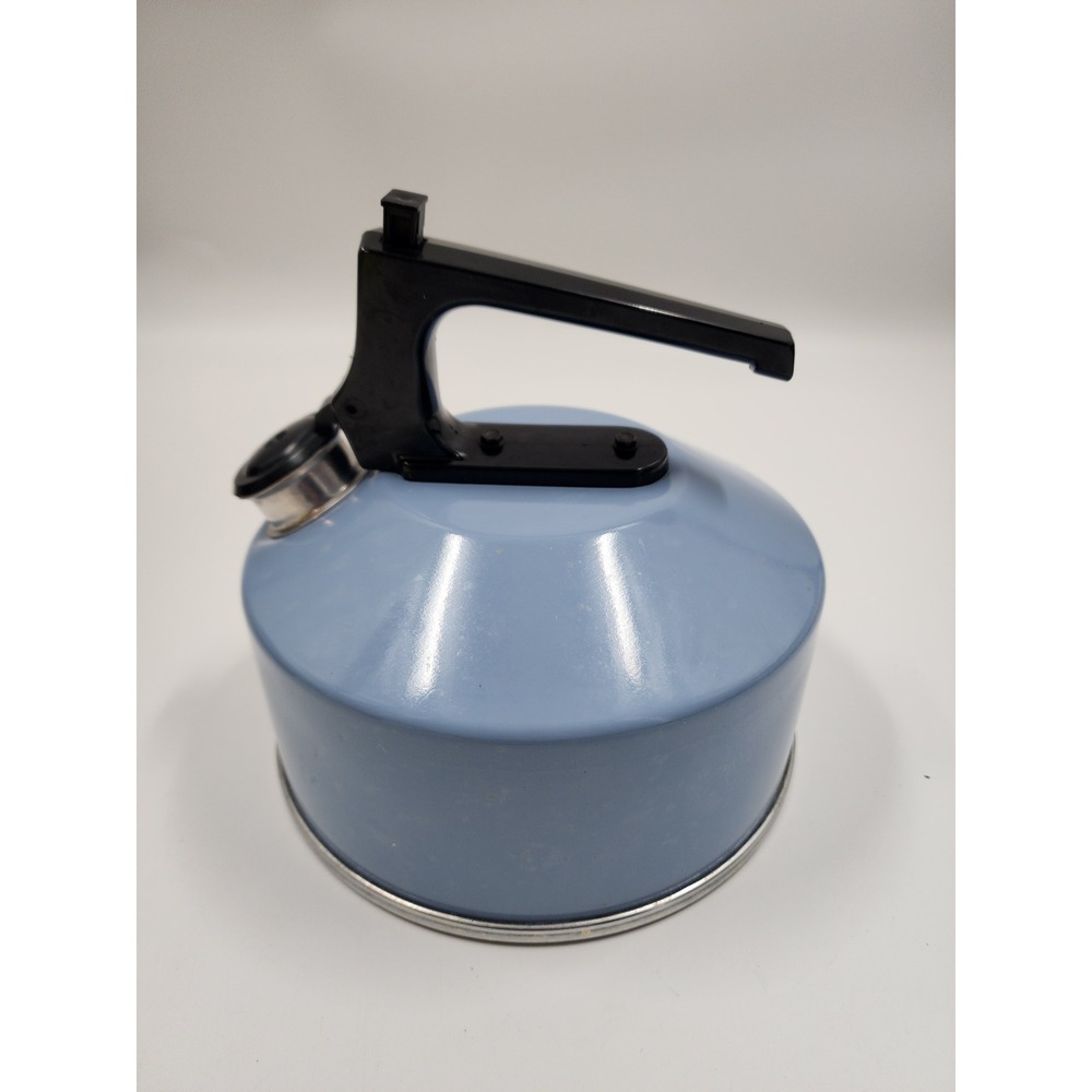 Vintage Light Blue Enamel Whistling Tea Kettle Stovetop Retro Mid Century Modern